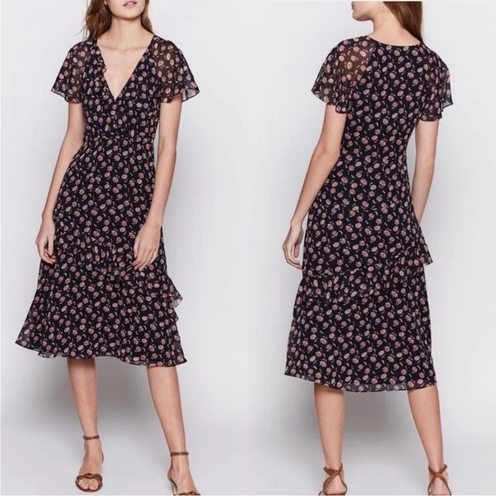 Joie Orita 100% Silk Floral Ruffles Surplice Midi Dress